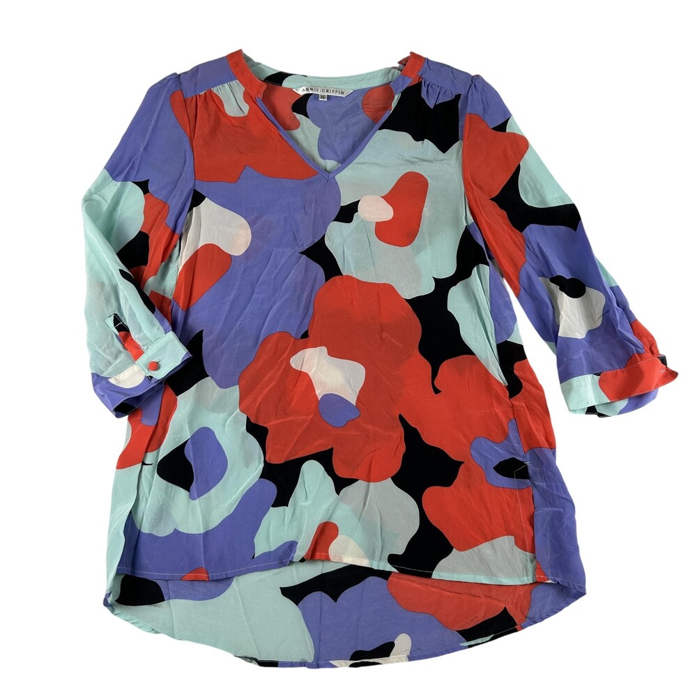 Annie Griffin Blouse Womens XS Silk Floral Tunic V-Neck 3/4 Sleeve Boho FLAW